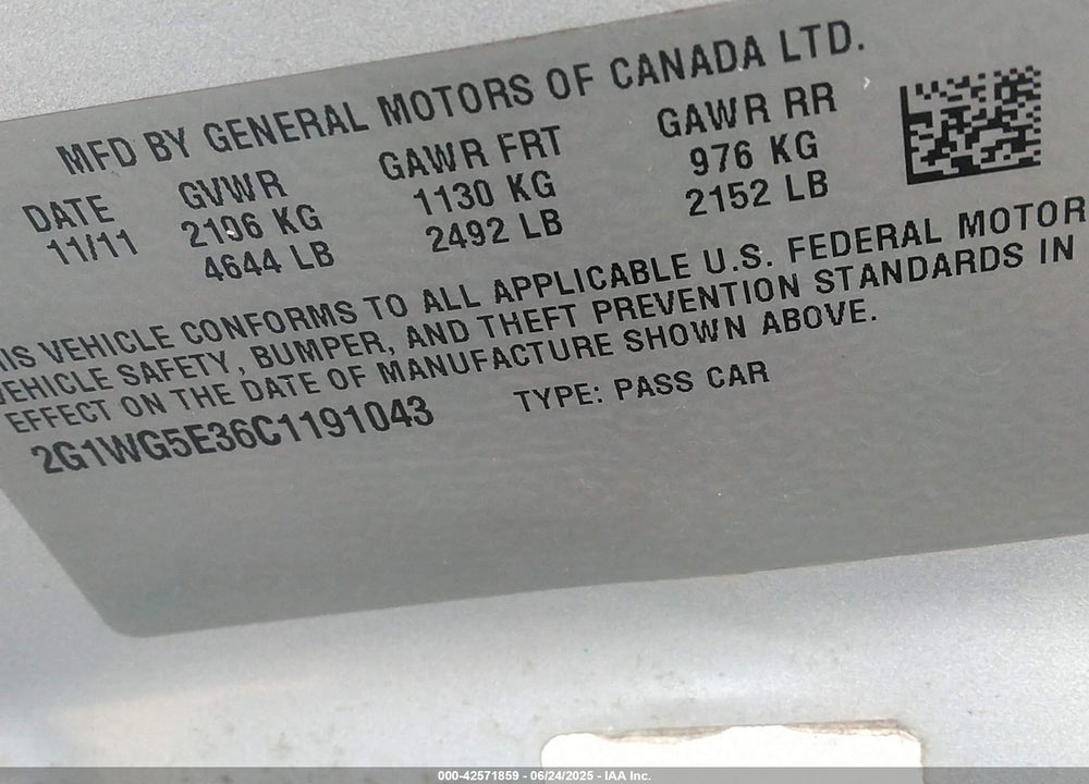 2012 CHEVROLET IMPALA VIN: 2G1WG5E36C1191043