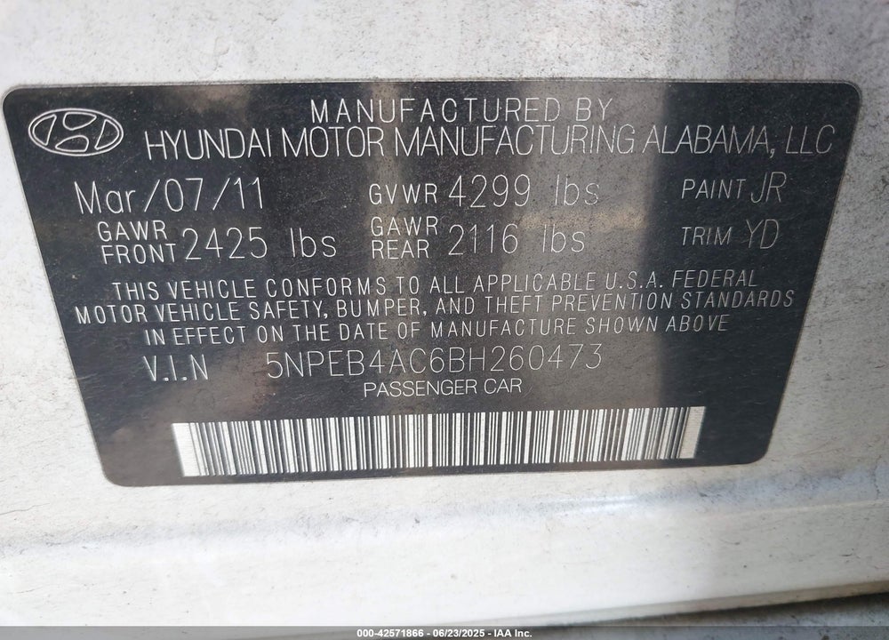 2011 HYUNDAI SONATA VIN: 5NPEB4AC6BH260473