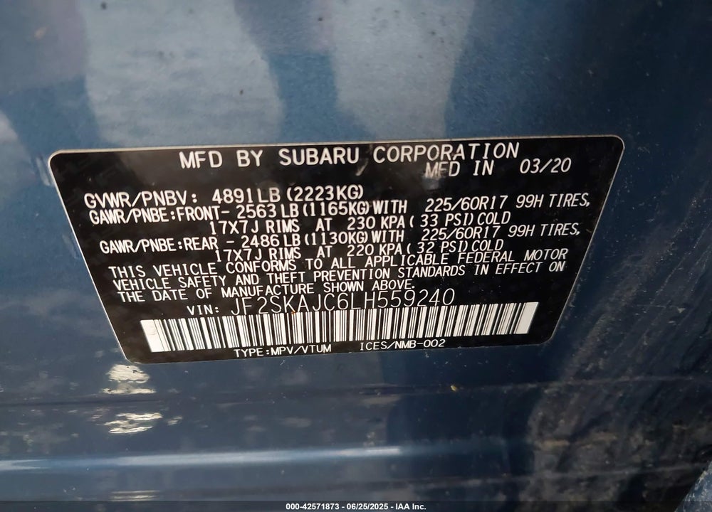 2020 SUBARU FORESTER VIN: JF2SKAJC6LH559240