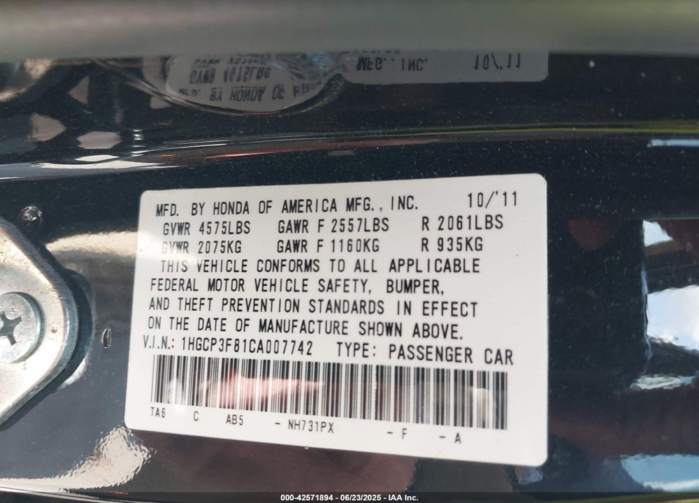 2012 HONDA ACCORD VIN: 1HGCP3F81CA007742