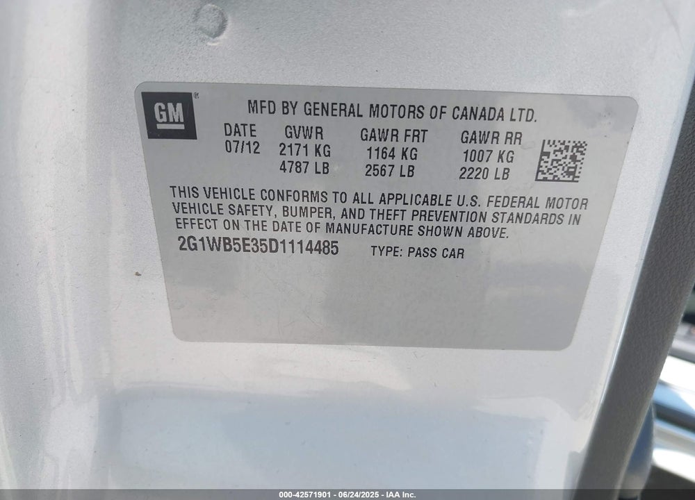 2013 CHEVROLET IMPALA VIN: 2G1WB5E35D1114485