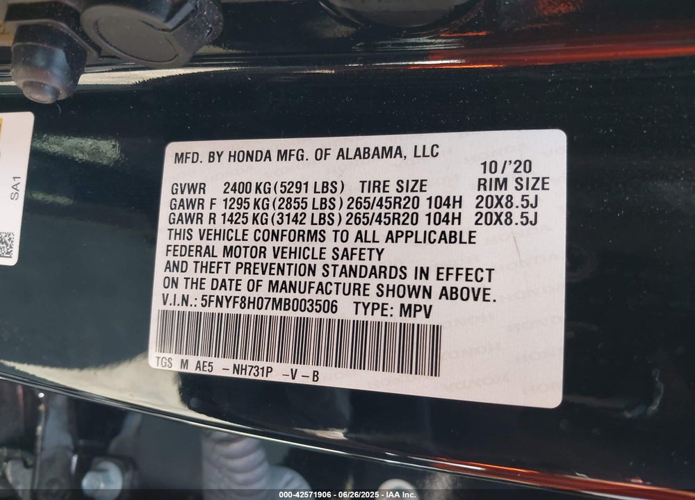 2021 HONDA PASSPORT VIN: 5FNYF8H07MB003506