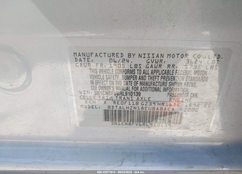 2024 NISSAN VERSA VIN: 3N1CN8FV6RL910139