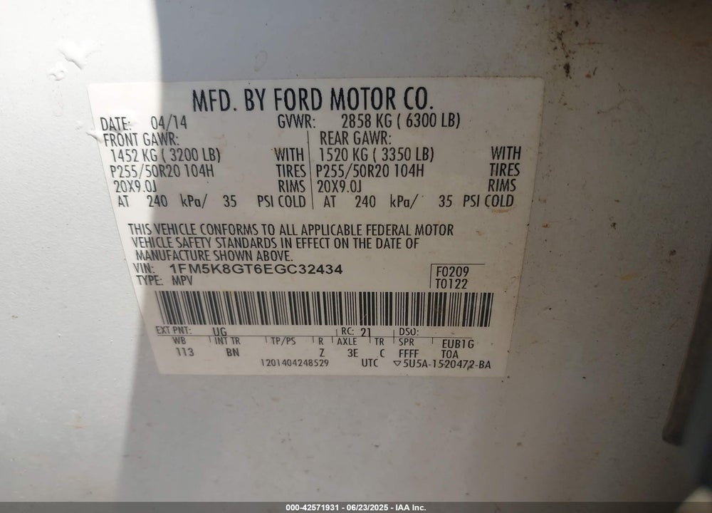 2014 FORD EXPLORER SPORT VIN: 1FM5K8GT6EGC32434