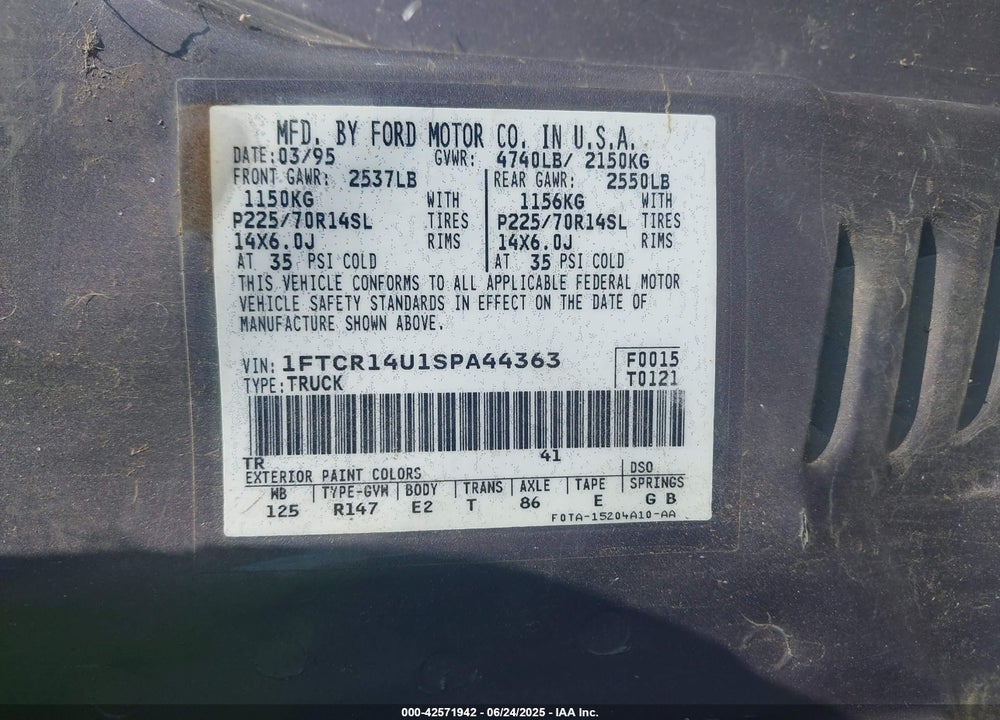 1995 FORD RANGER SUPER CAB VIN: 1FTCR14U1SPA44363