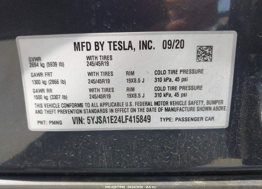 2020 TESLA MODEL S VIN: 5YJSA1E24LF415849