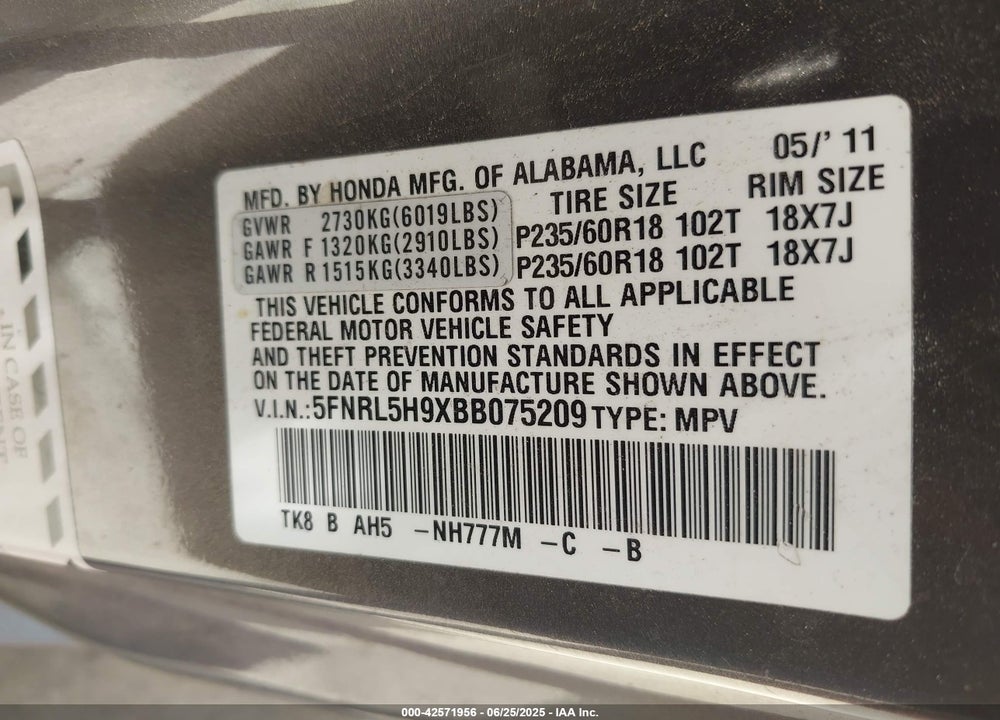 2011 HONDA ODYSSEY VIN: 5FNRL5H9XBB075209