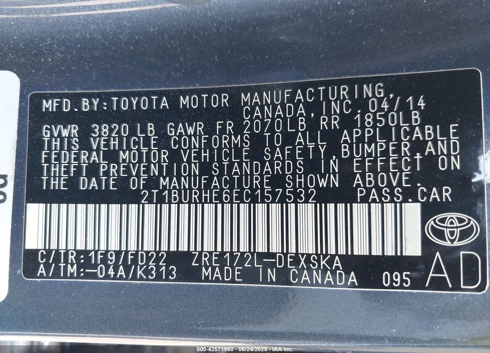 2014 TOYOTA COROLLA VIN: 2T1BURHE6EC157532
