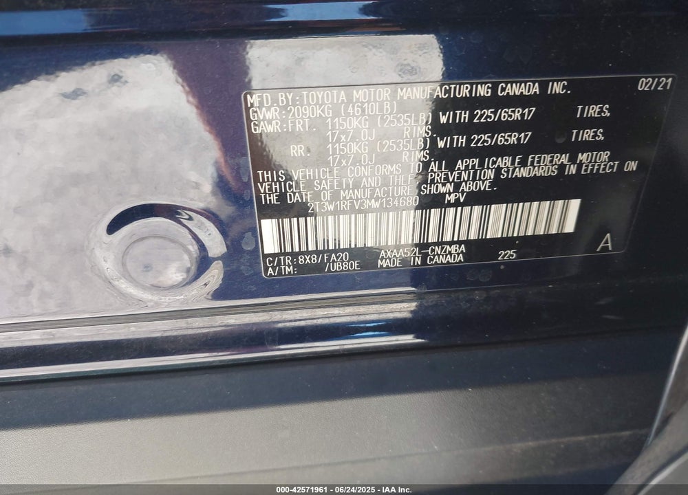 2021 TOYOTA RAV4 XLE VIN: 2T3W1RFV3MW134680
