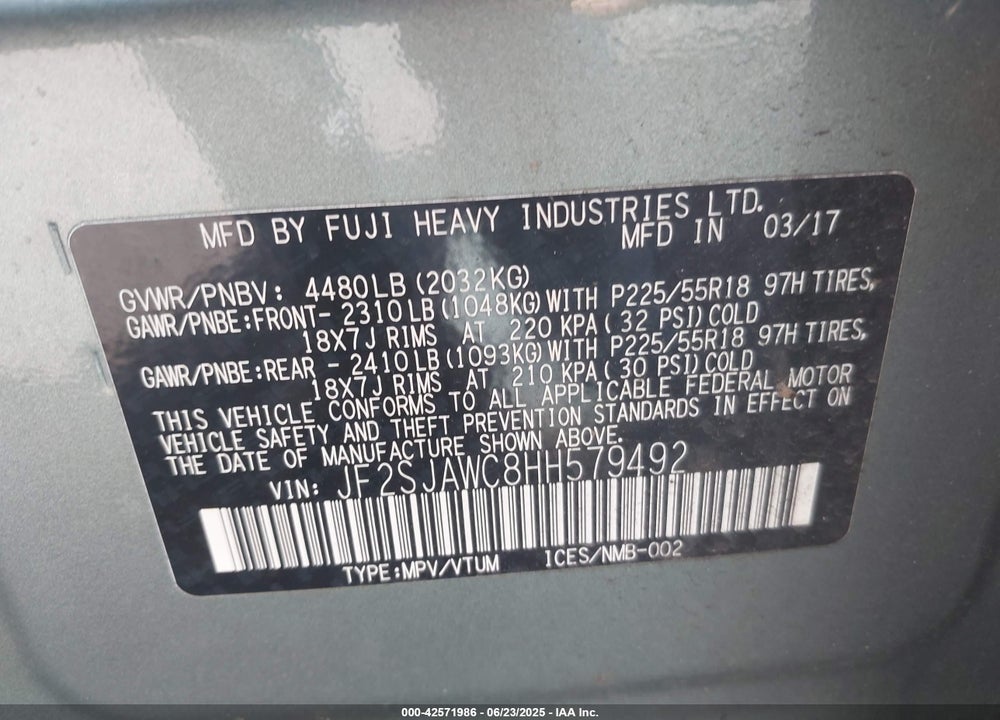 2017 SUBARU FORESTER VIN: JF2SJAWC8HH579492