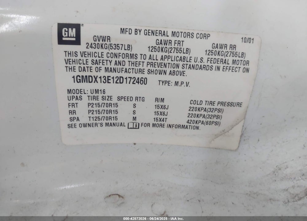 2002 PONTIAC MONTANA M16 W/1SE PKG. VIN: 1GMDX13E12D172460
