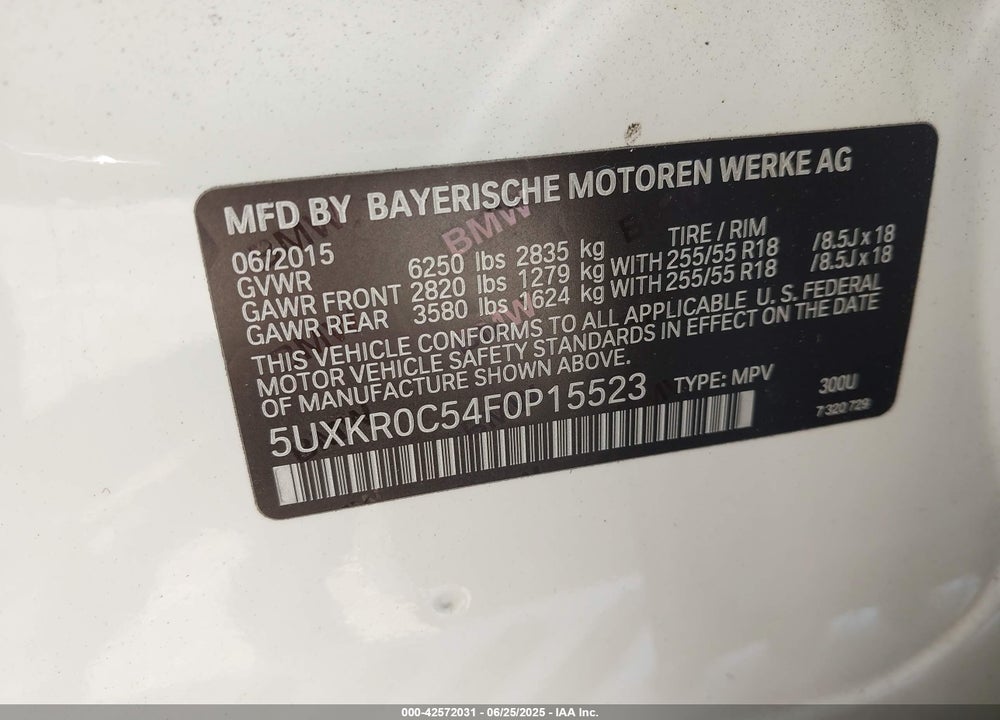 2015 BMW X5 VIN: 5UXKR0C54F0P15523