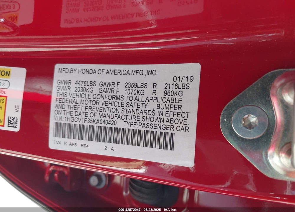 2019 HONDA ACCORD SPORT VIN: 1HGCV1F35KA040420