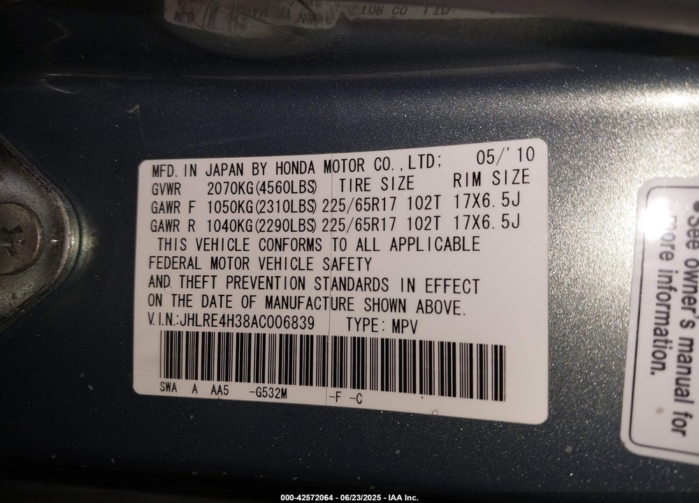 2010 HONDA CR-V LX VIN: JHLRE4H38AC006839