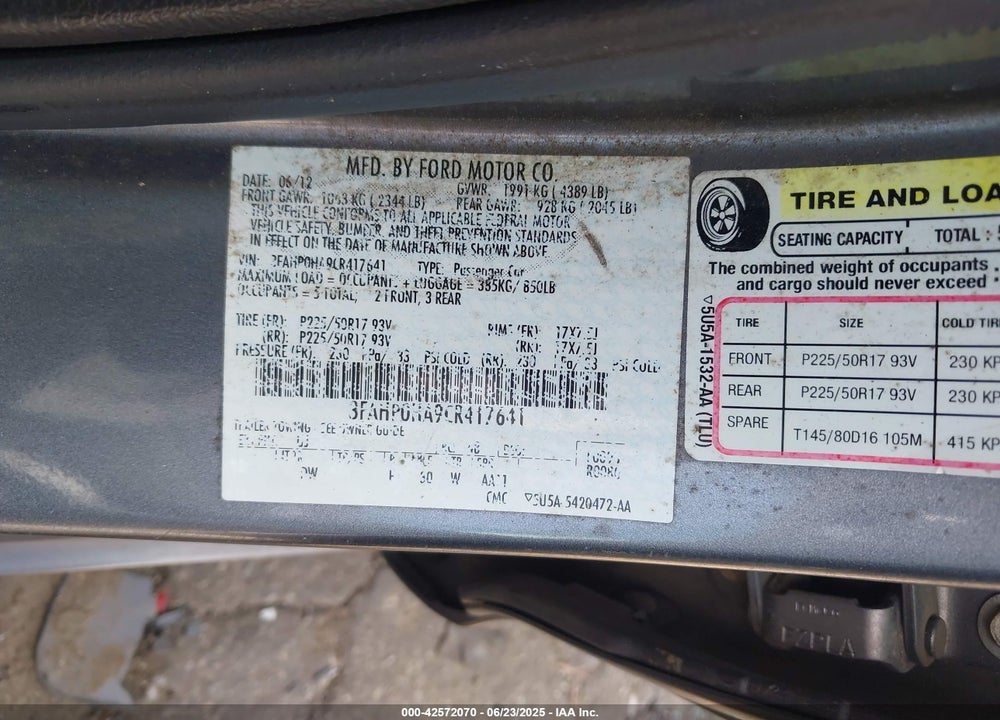 2012 FORD FUSION VIN: 3FAHP0HA9CR417641