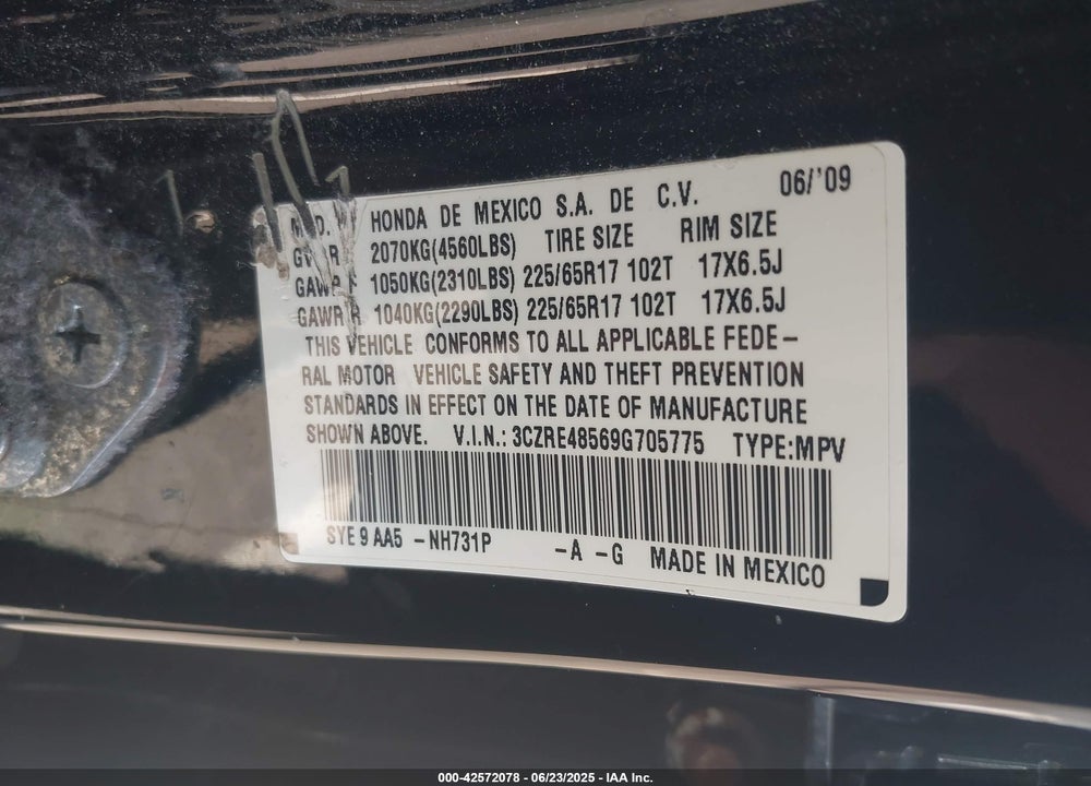 2009 HONDA CR-V EX VIN: 3CZRE48569G705775