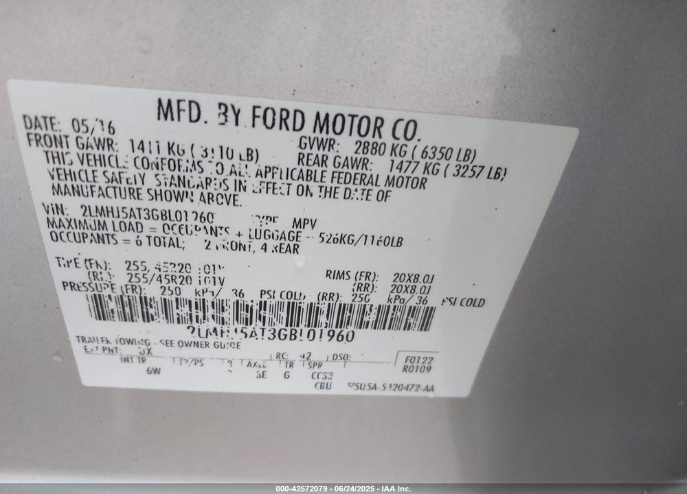 2016 LINCOLN MKT VIN: 2LMHJ5AT3GBL01960