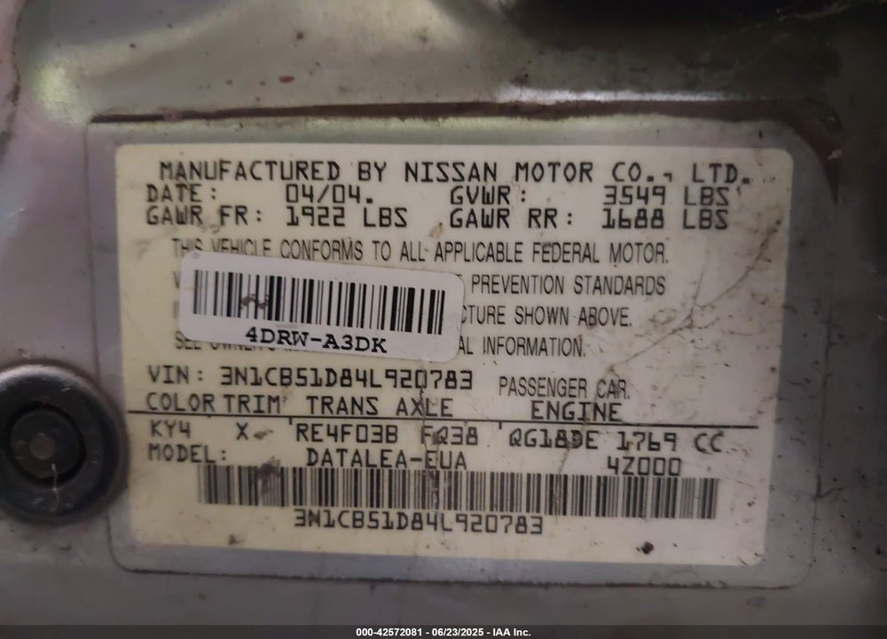 2004 NISSAN SENTRA 1.8S VIN: 3N1CB51D84L920783