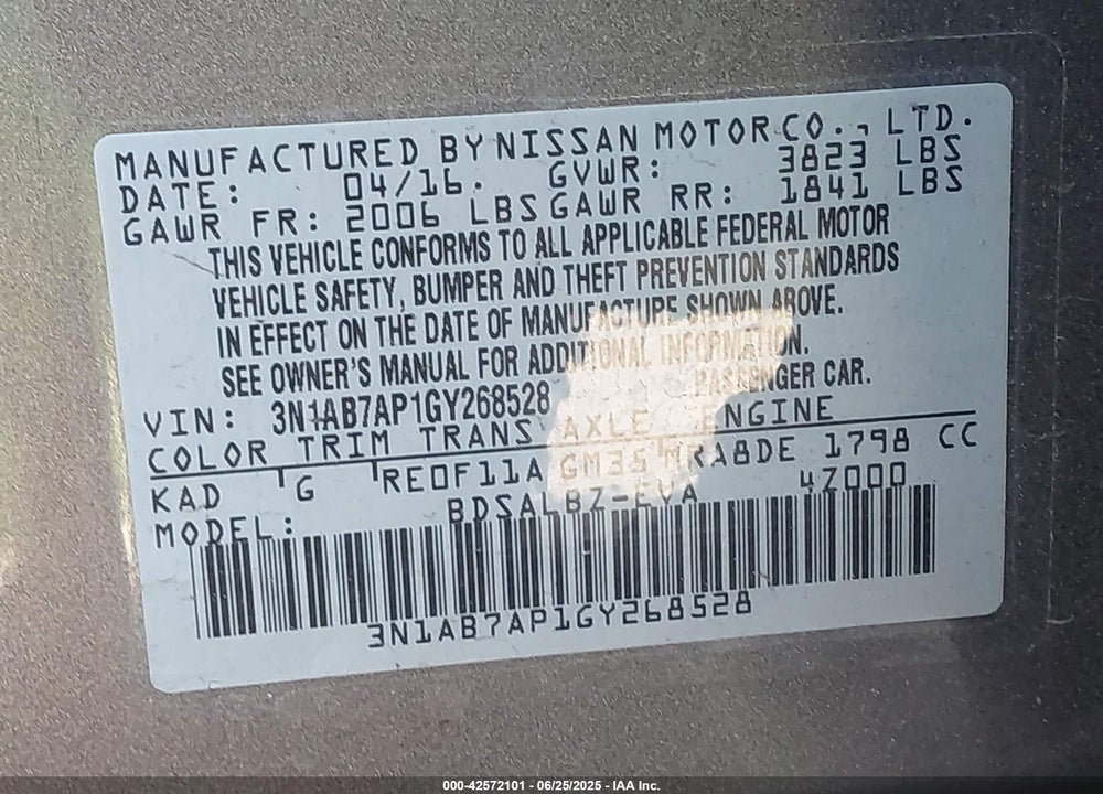 2016 NISSAN SENTRA VIN: 3N1AB7AP1GY268528