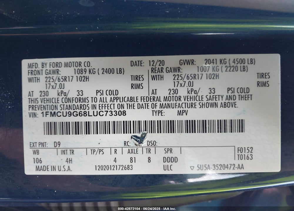 2020 FORD ESCAPE VIN: 1FMCU9G68LUC73308