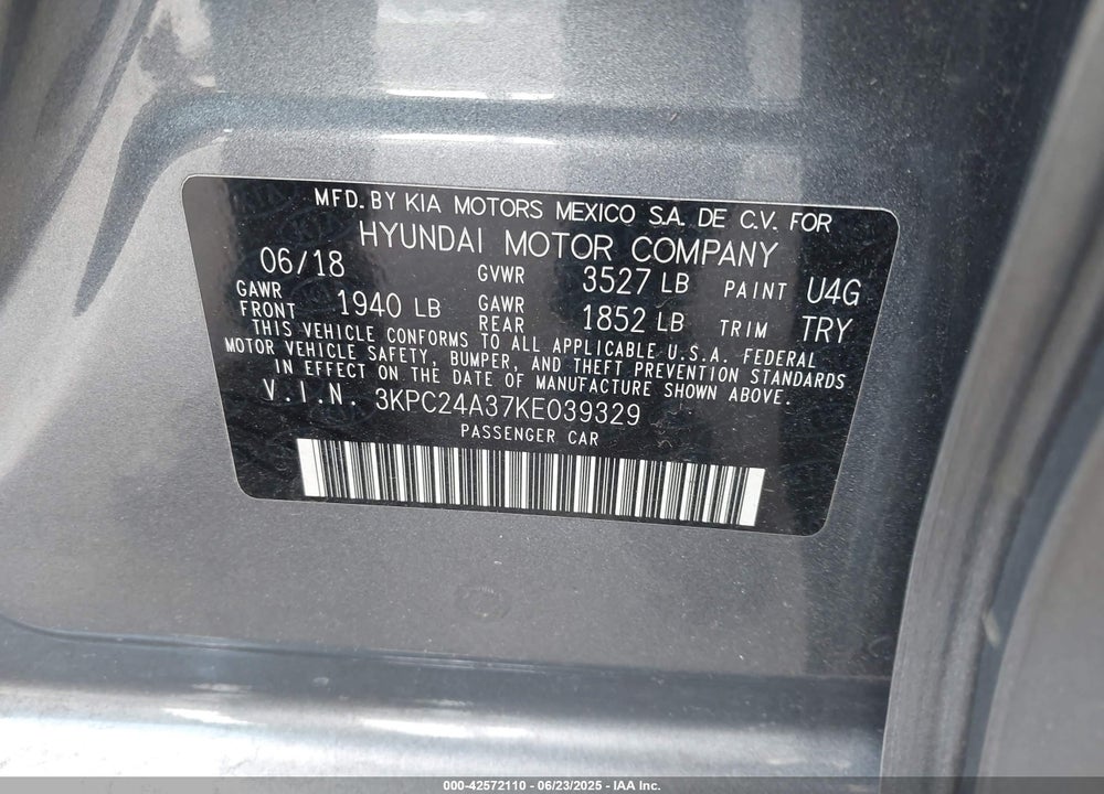 2019 HYUNDAI ACCENT SE VIN: 3KPC24A37KE039329