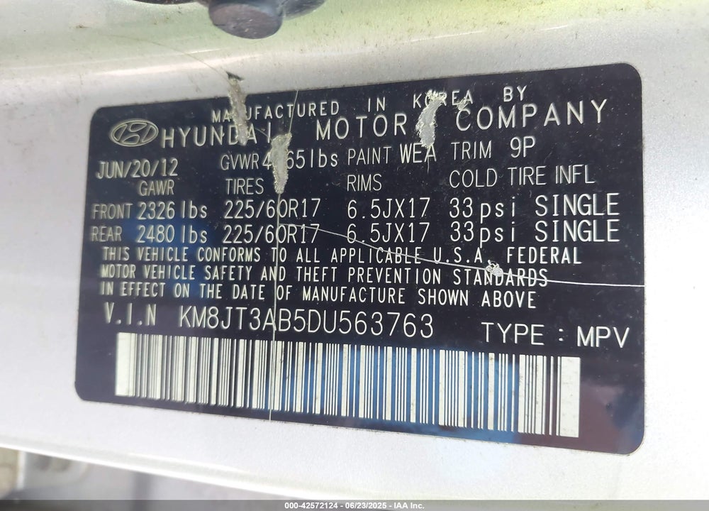 2013 HYUNDAI TUCSON GL VIN: KM8JT3AB5DU563763