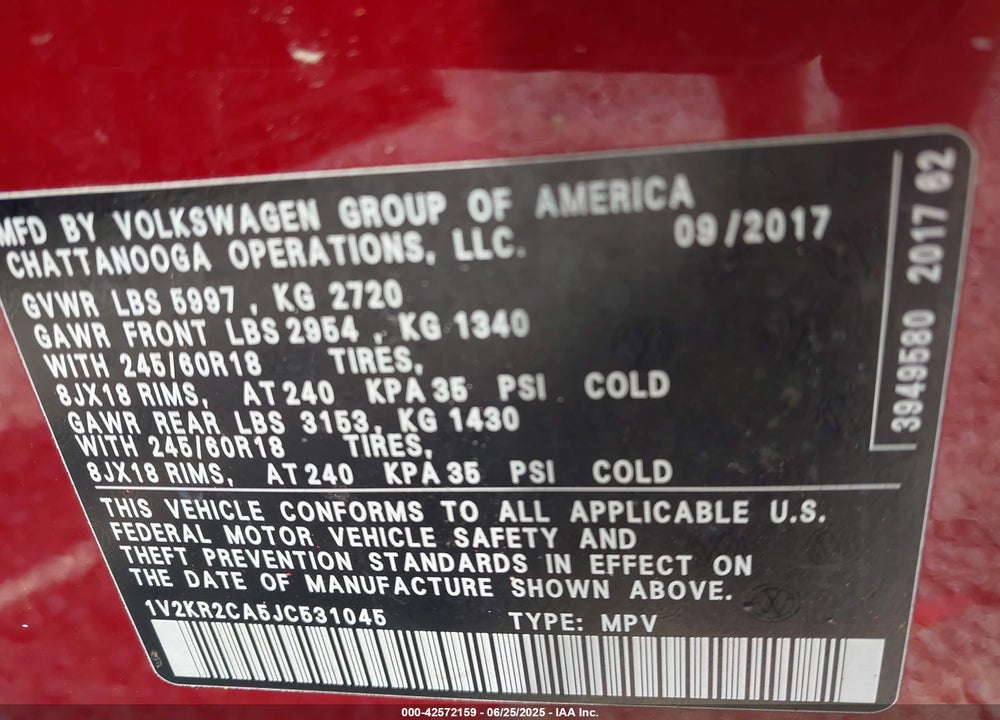 2018 VOLKSWAGEN ATLAS VIN: 1V2KR2CA5JC531045