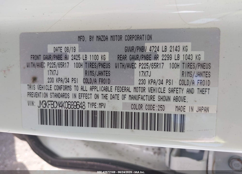 2019 MAZDA CX-5 VIN: JM3KFBCM4K0689648
