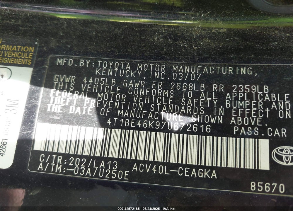 2007 TOYOTA CAMRY VIN: 4T1BE46K97U672616