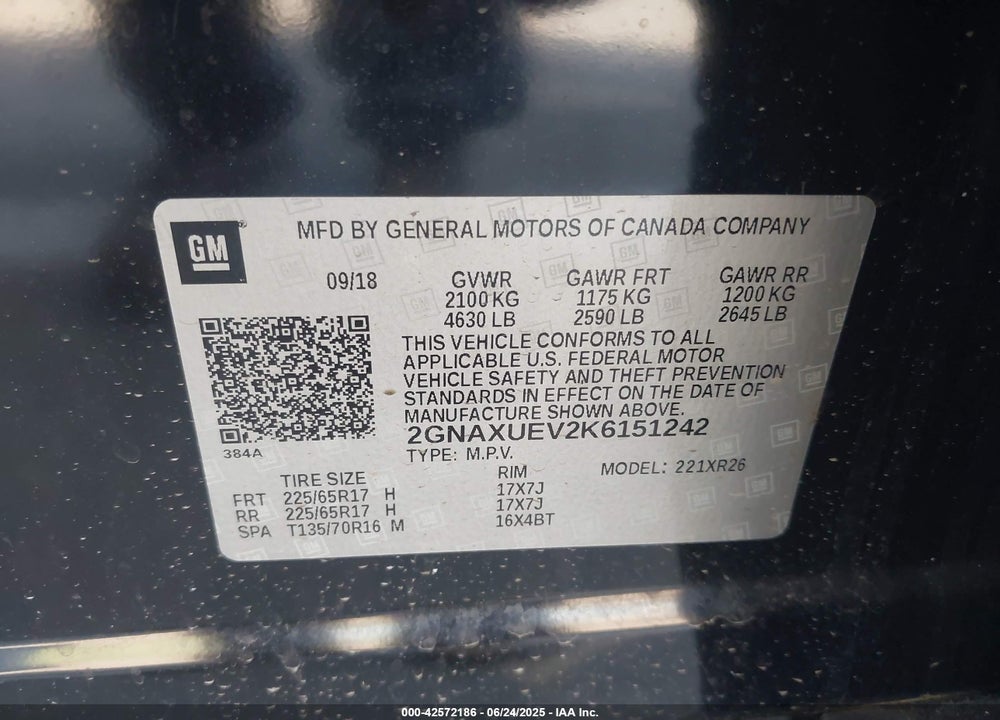 2019 CHEVROLET EQUINOX VIN: 2GNAXUEV2K6151242