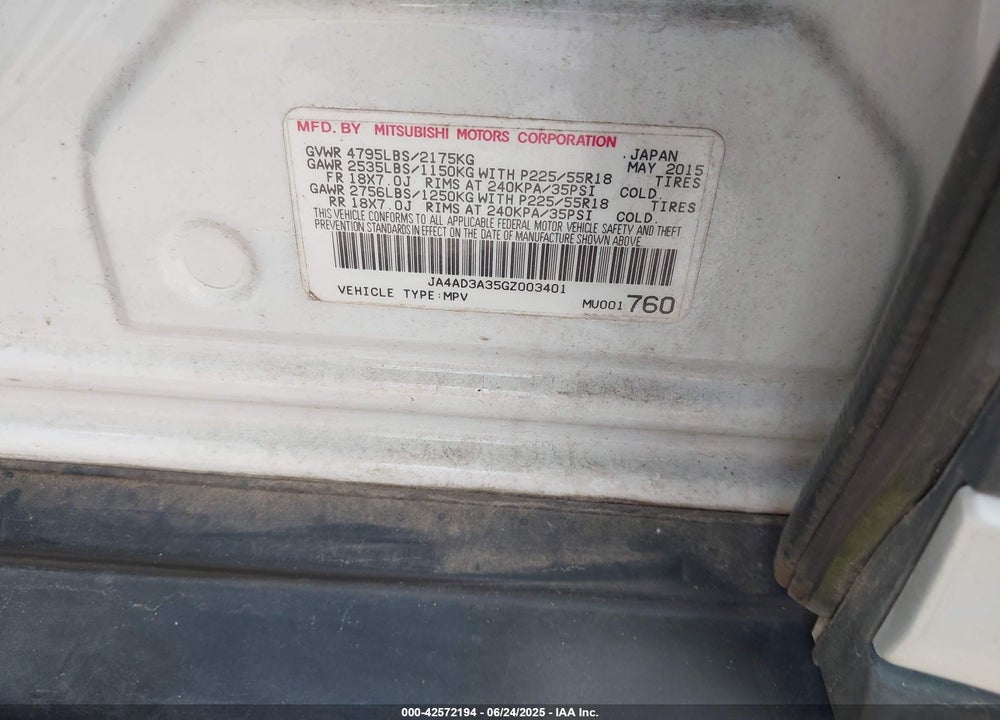 2016 MITSUBISHI OUTLANDER SE/SEL VIN: JA4AD3A35GZ003401