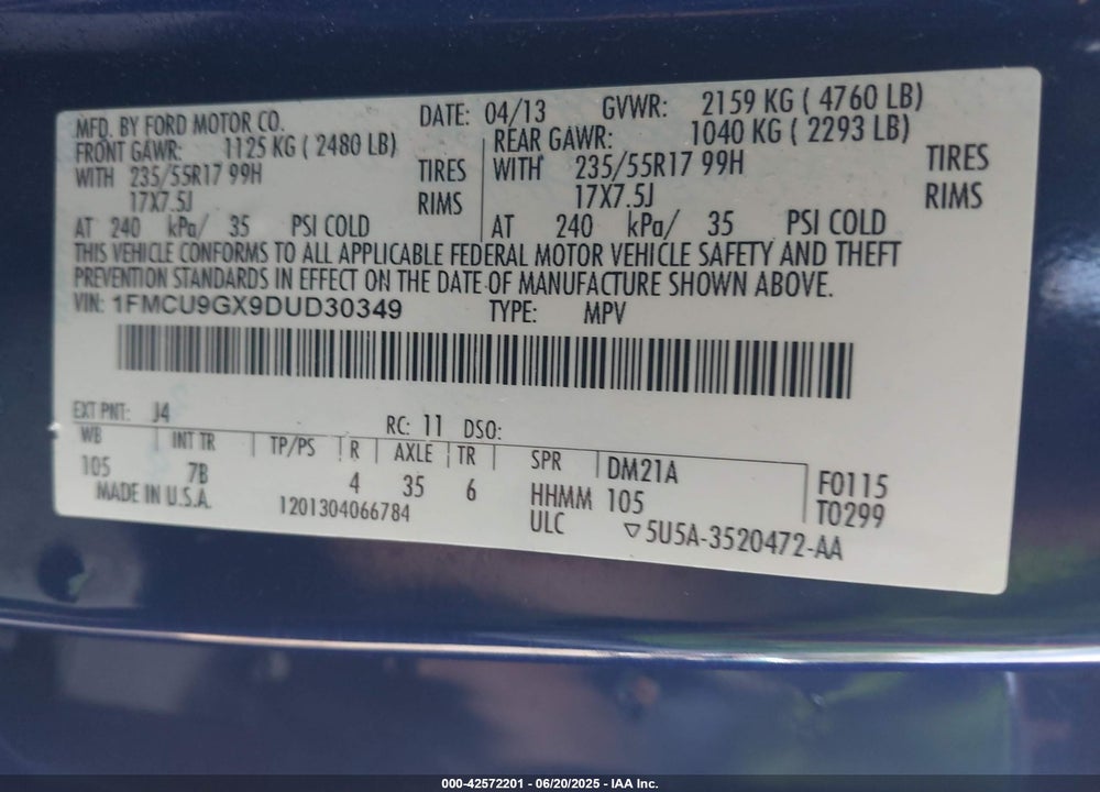 2013 FORD ESCAPE VIN: 1FMCU9GX9DUD30349