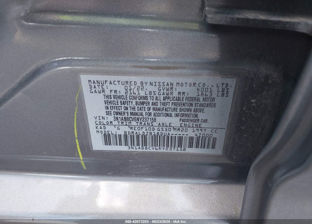 2022 NISSAN SENTRA VIN: 3N1AB8CV6NY237158
