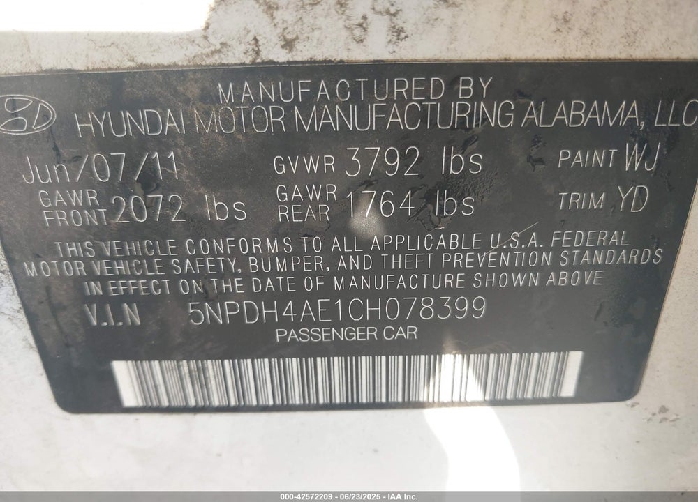 2012 HYUNDAI ELANTRA GLS VIN: 5NPDH4AE1CH078399