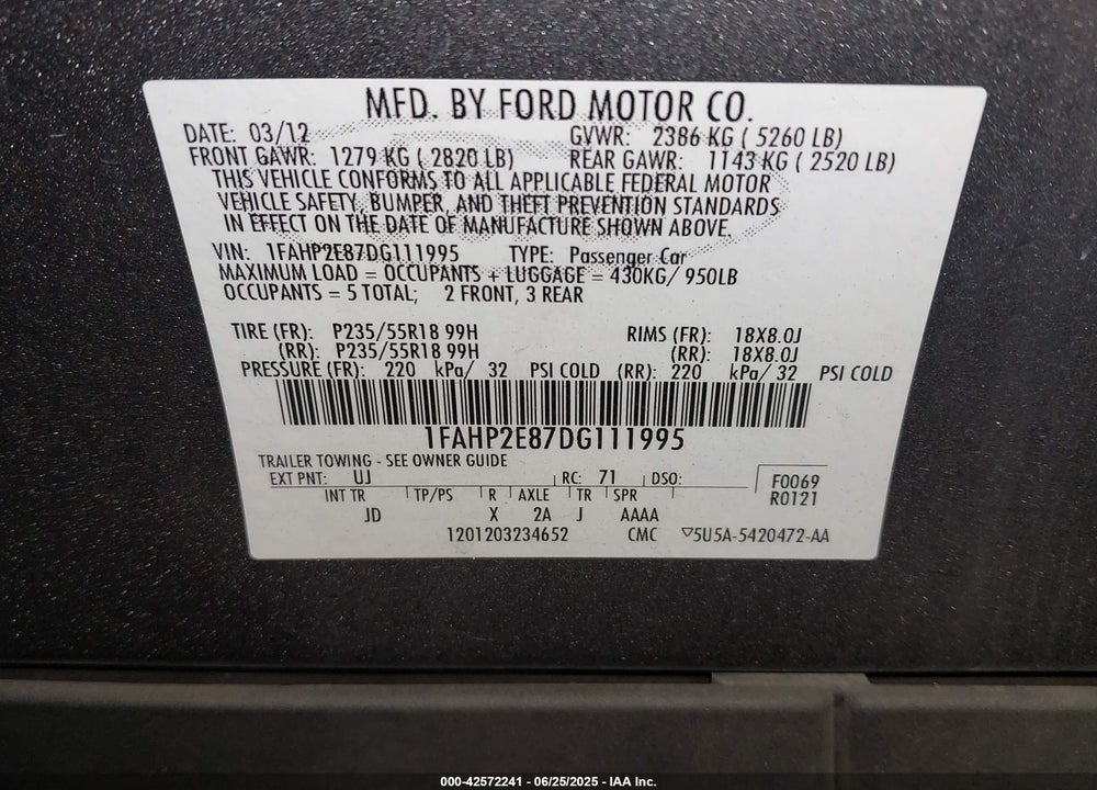 2013 FORD TAURUS VIN: 1FAHP2E87DG111995