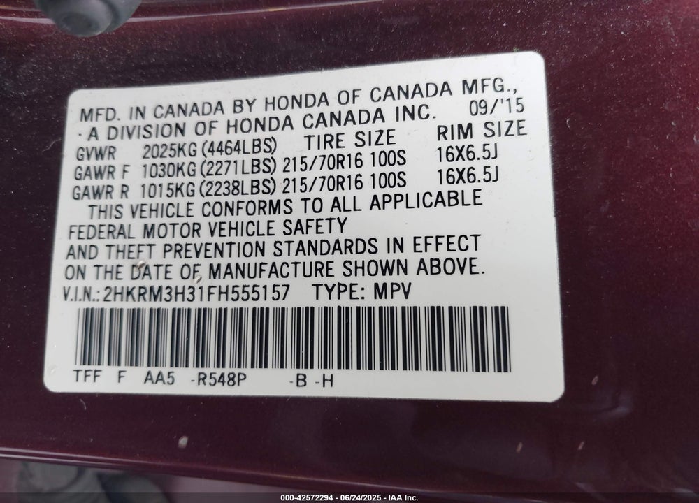 2015 HONDA CR-V LX VIN: 2HKRM3H31FH555157