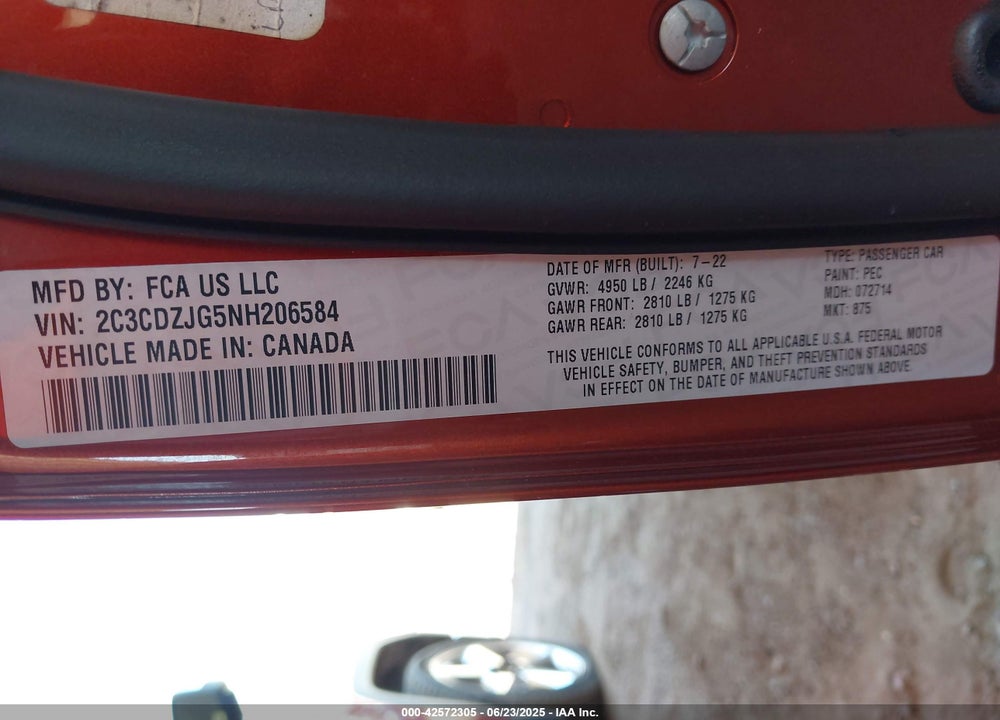 2022 DODGE CHALLENGER VIN: 2C3CDZJG5NH206584