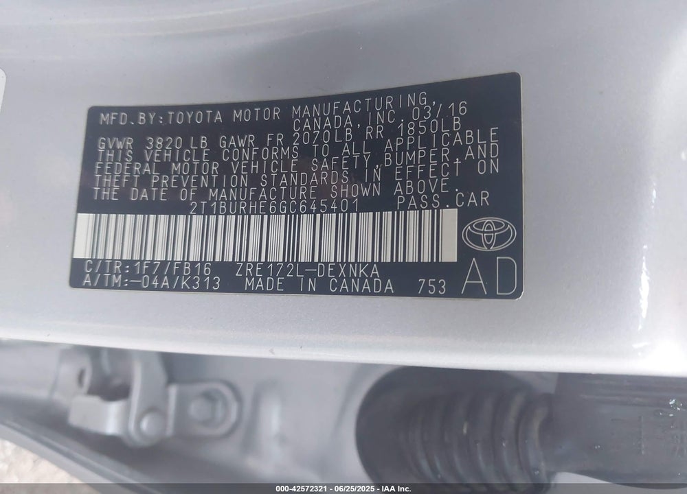2016 TOYOTA COROLLA VIN: 2T1BURHE6GC645401