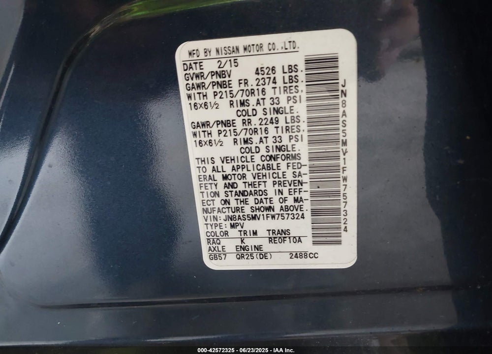 2015 NISSAN ROGUE SELECT S VIN: JN8AS5MV1FW757324