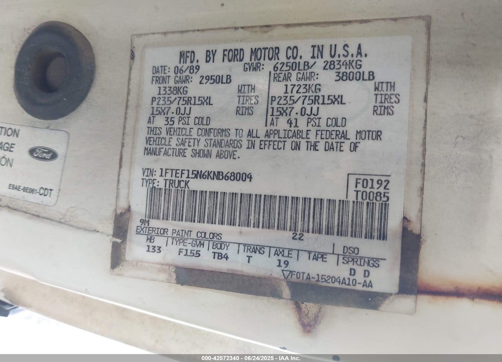 1989 FORD F150 VIN: 1FTEF15N6KNB68004