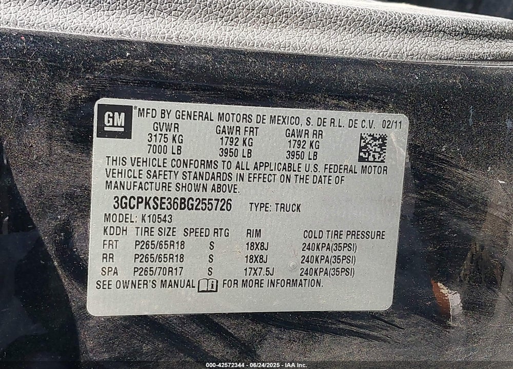 2011 CHEVROLET SILVERADO 1500 LT VIN: 3GCPKSE36BG255726