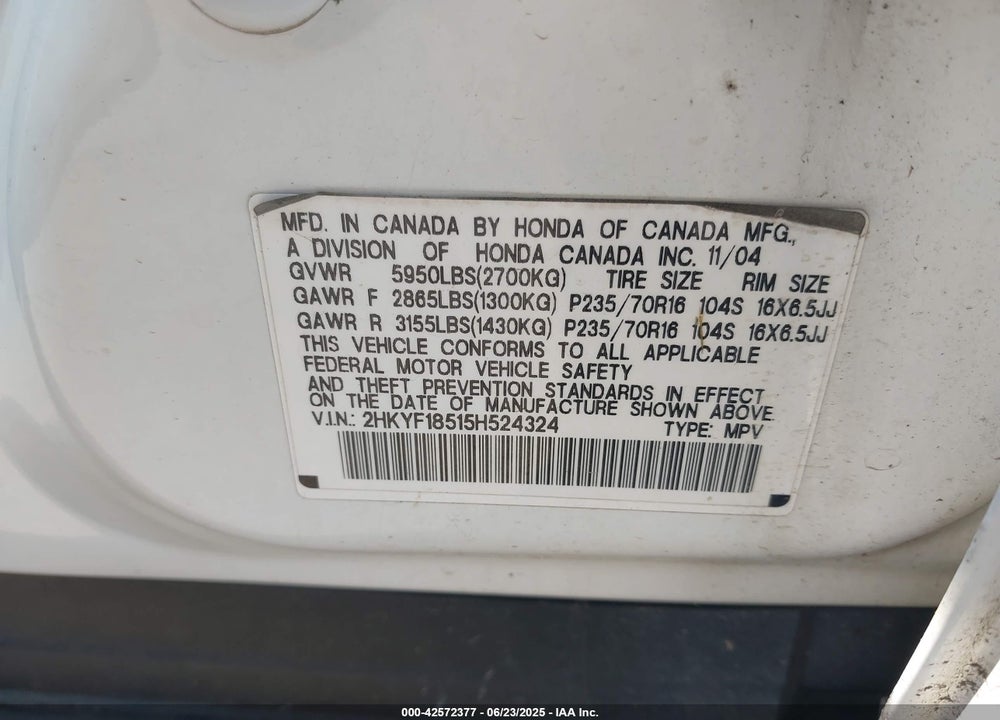 2005 HONDA PILOT VIN: 2HKYF18515H524324