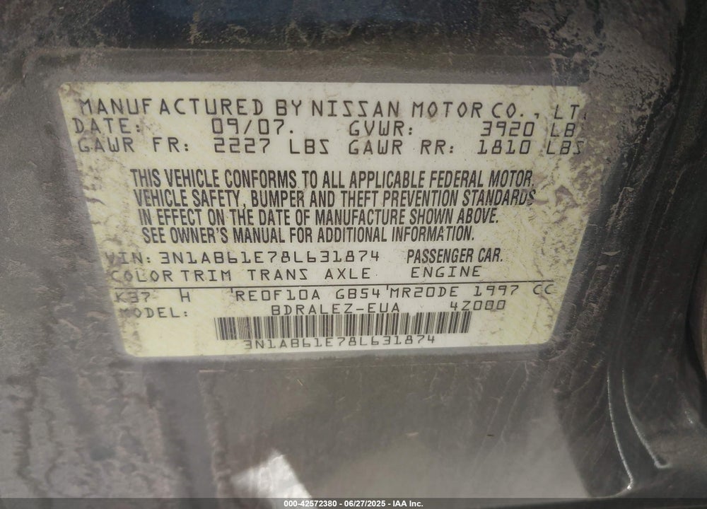2008 NISSAN SENTRA 2.0S VIN: 3N1AB61E78L631874