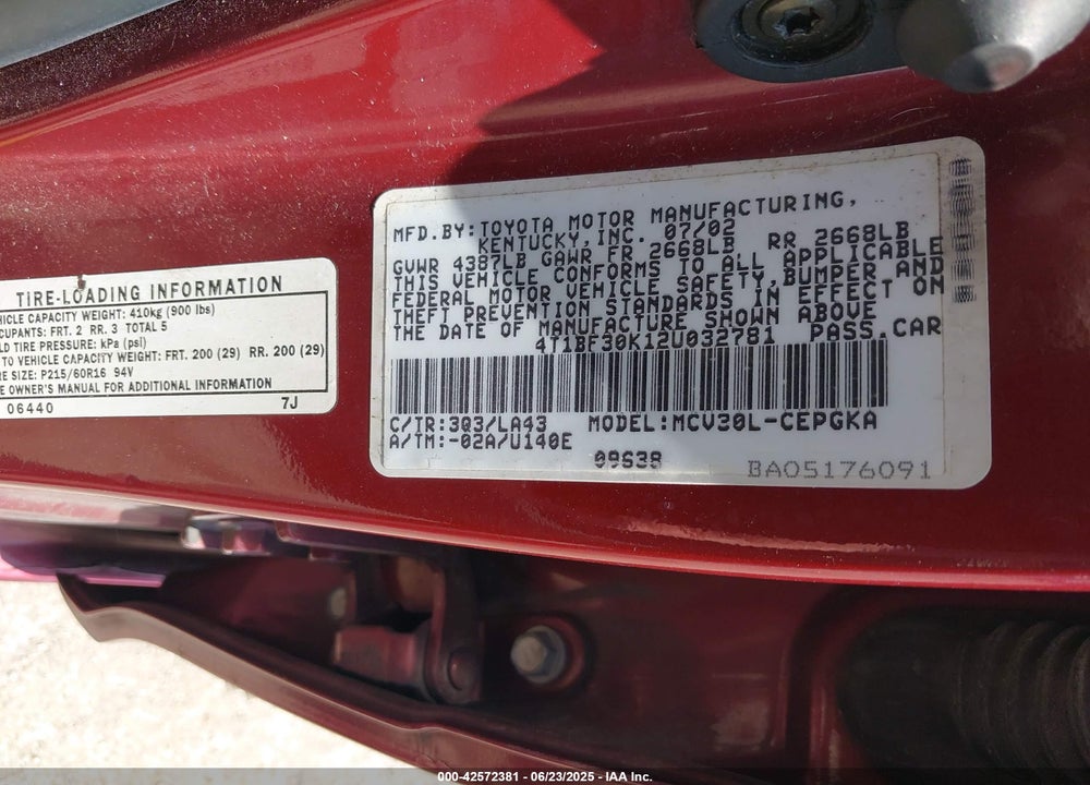 2002 TOYOTA CAMRY XLE V6 VIN: 4T1BF30K12U032781
