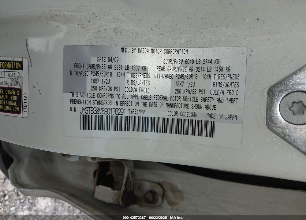 2009 MAZDA CX-9 VIN: JM3TB38V890176291