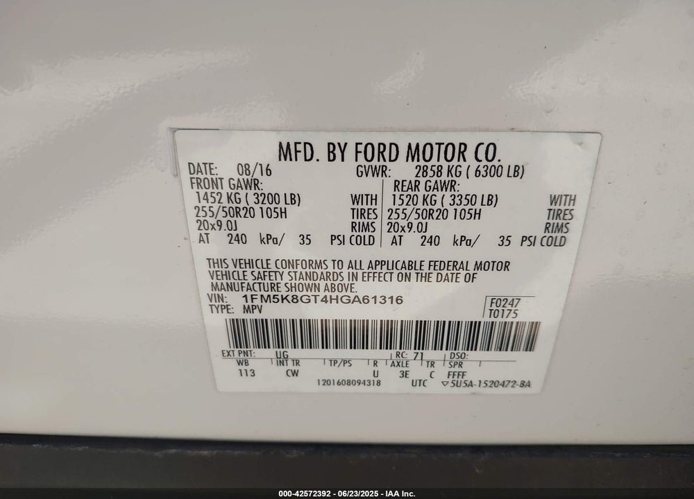 2017 FORD EXPLORER VIN: 1FM5K8GT4HGA61316