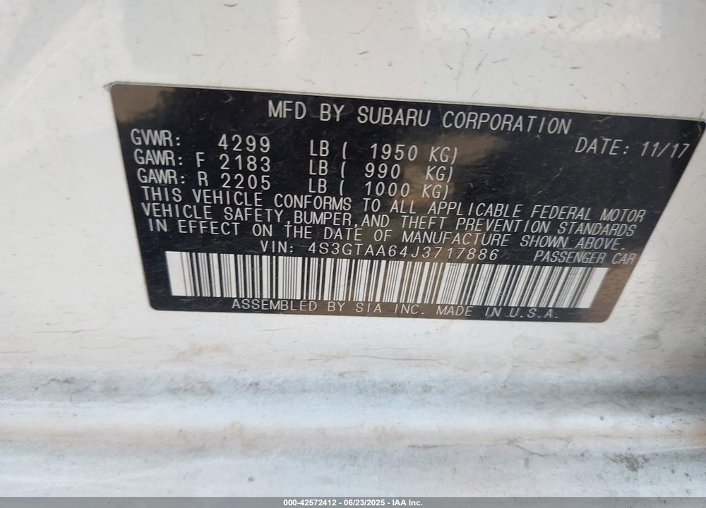 2018 SUBARU IMPREZA VIN: 4S3GTAA64J3717886