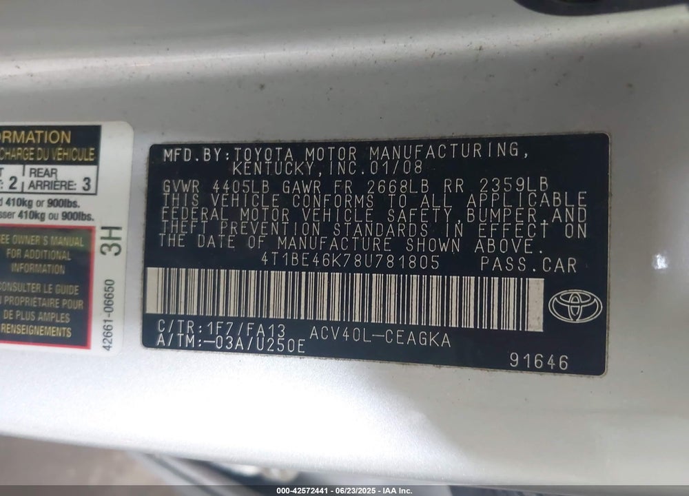 2008 TOYOTA CAMRY VIN: 4T1BE46K78U781805