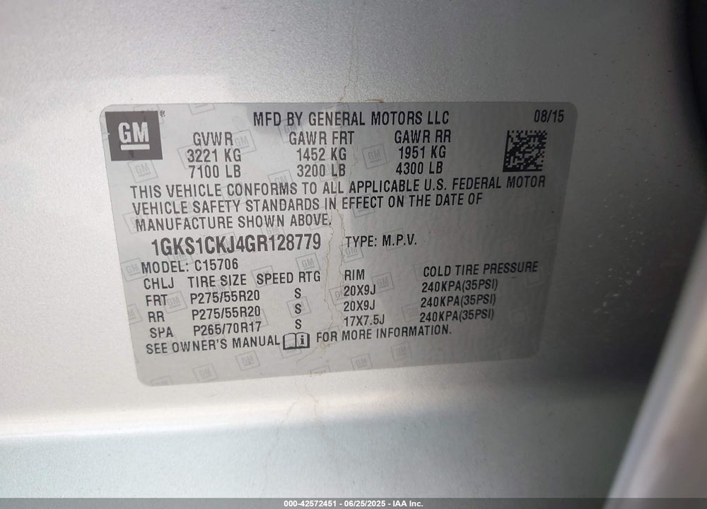 2016 GMC YUKON VIN: 1GKS1CKJ4GR128779