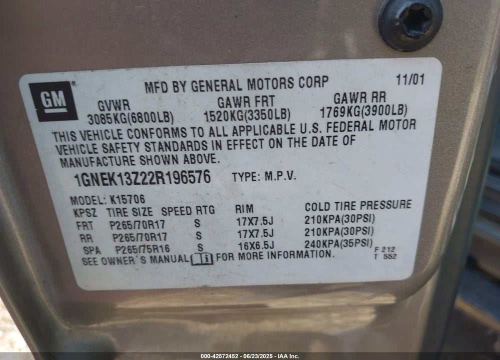 2002 CHEVROLET TAHOE Z71 VIN: 1GNEK13Z22R196576